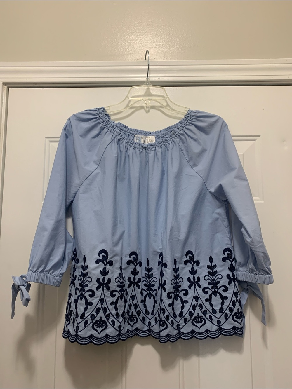 4/$10 Time and Tru Cotton Blend Light Blue Peasant Blouse with Navy Embroidery